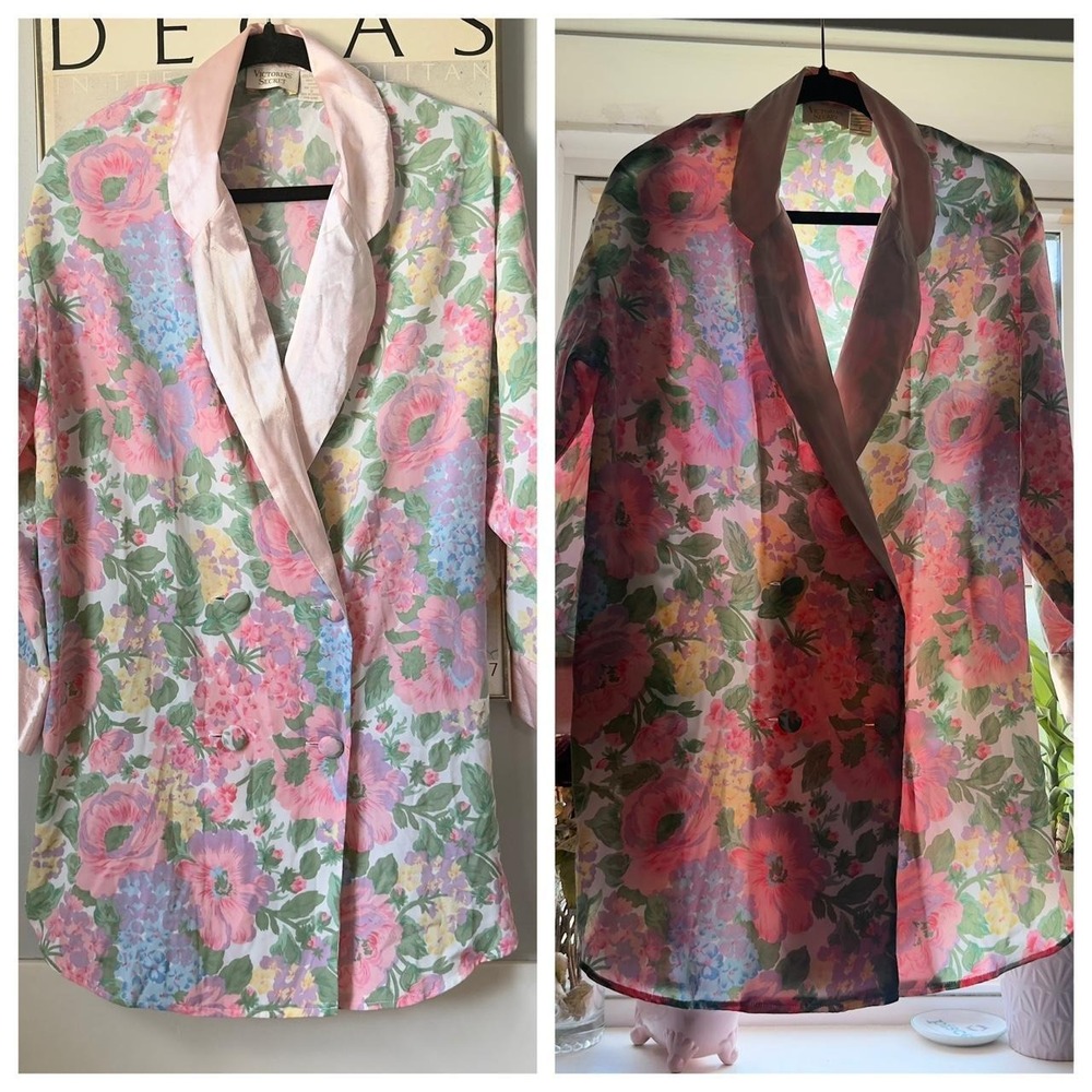 Vintage 90s Victoria's‎ Secret floral sheer robe duster oversized satin fairy S